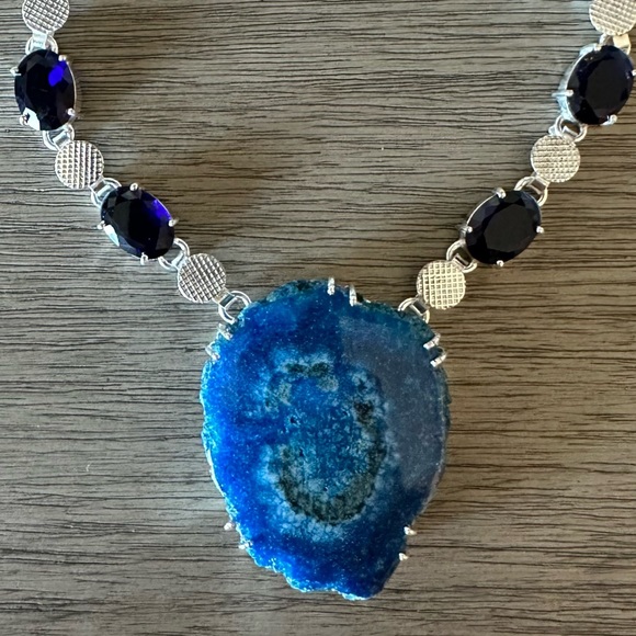 0607 Solar Quartz Druzy Tanzanite Big Geode Statement Necklace Silver Jewelry - Picture 3 of 10